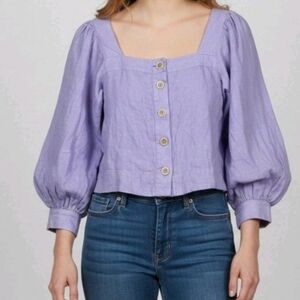 J.Crew Linen Lilac Puffed Sleeve Crop Top Blouse Button-Up Squere-Neck Sz Large